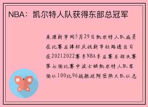 NBA:凯尔特人队获得东部总冠军