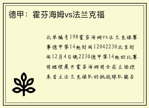 德甲：霍芬海姆vs法兰克福