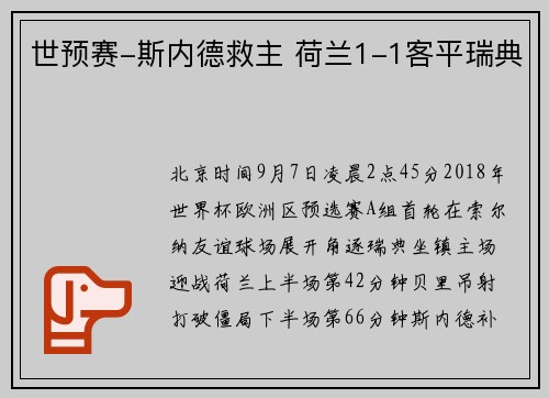 世预赛-斯内德救主 荷兰1-1客平瑞典